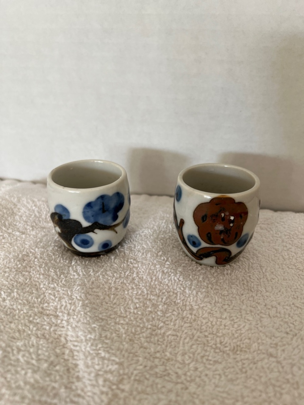 Vintage Enesco Hand-Painted Mini Ceramic Sake Cups — Blue and Brown Floral Motif